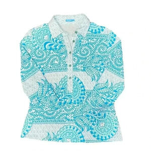 J. McLaughlin (S) Blue & White Collared 3/4 Sleeve Paisley Print Golf‎ Top